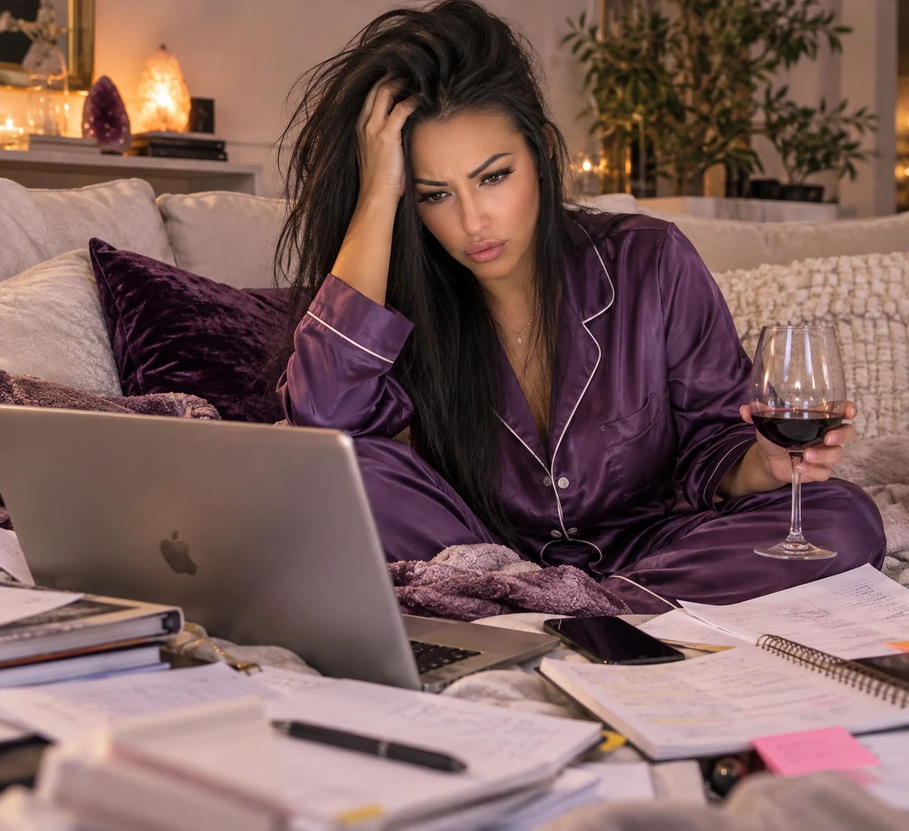 Briana Barela in purple pajamas on a couch with a laptop and scattered papers, looking overwhelmed