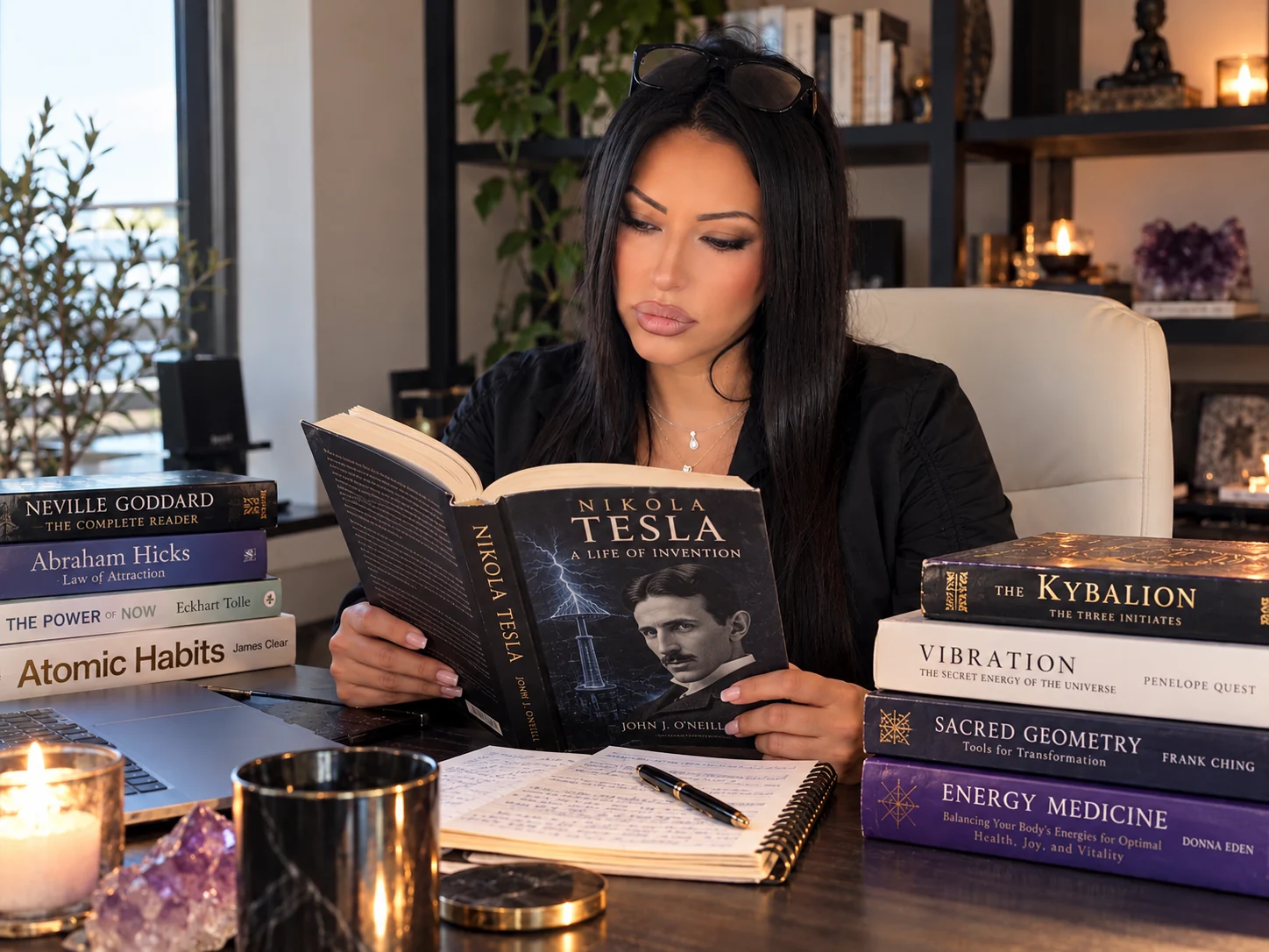 Briana Barela reading a book about Nikola Tesla at a desk surrounded by spiritual books