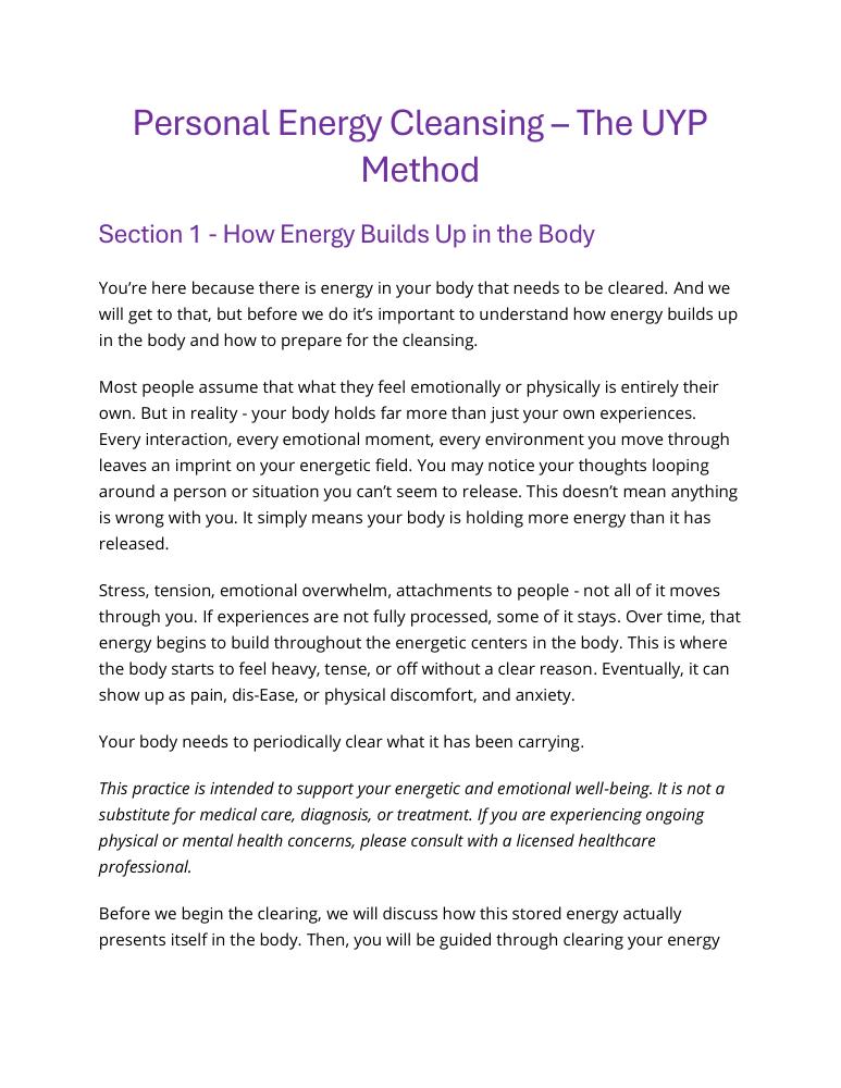 Actual first page of Personal Energy Cleansing — The UYP Method